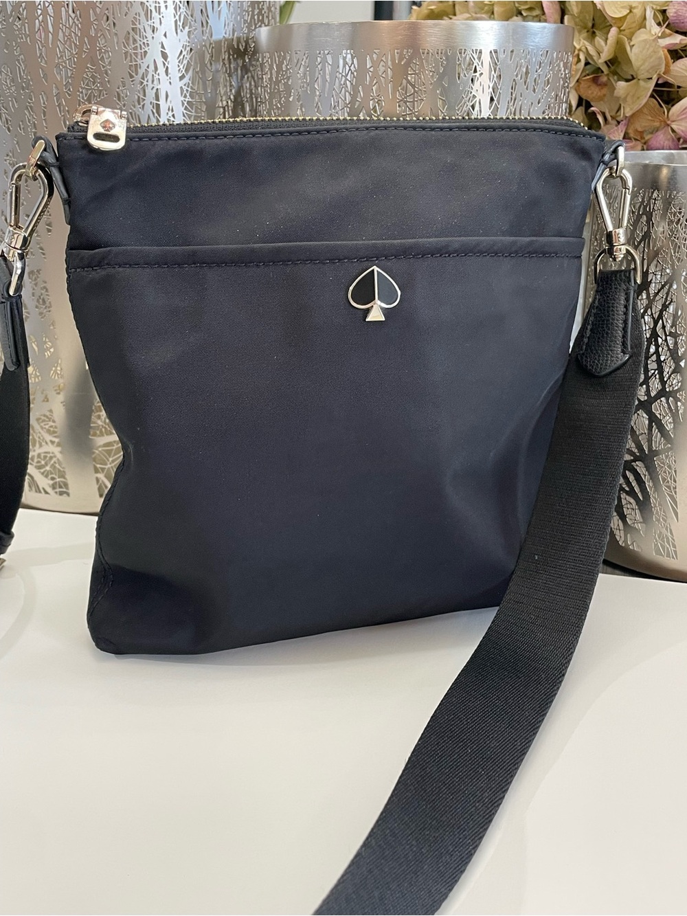 kate spade Black Nylon Crossbody with Silver Spade Detail